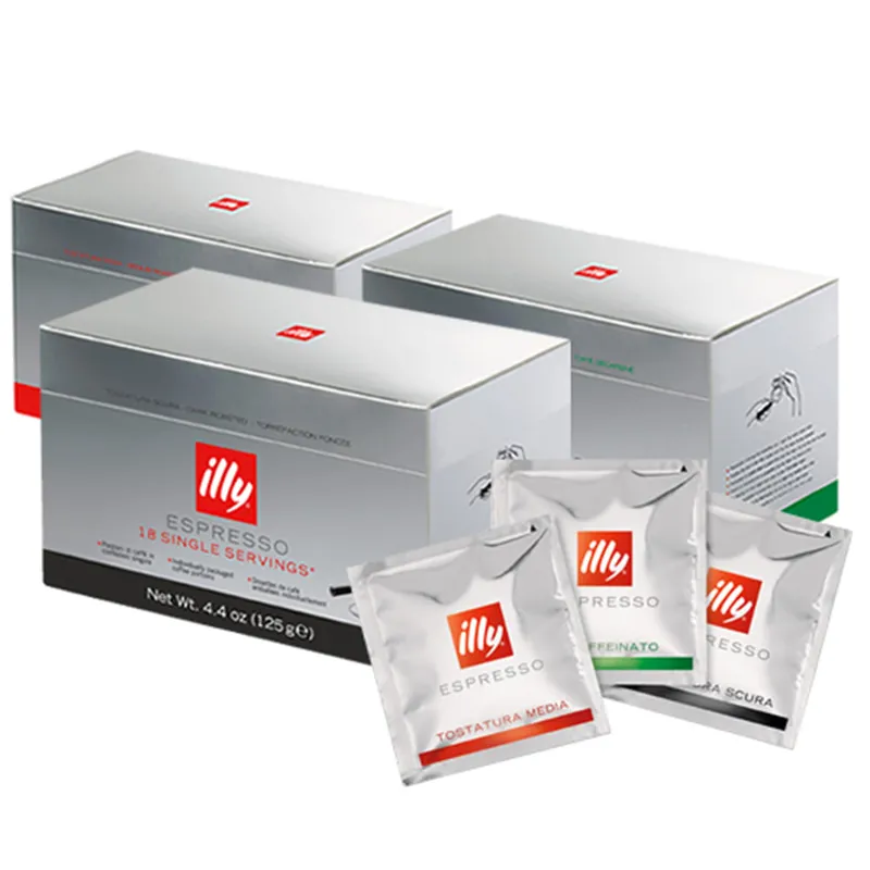 illy E.S.E. Pods 3 Pack featuring Classico Coffee - Medium Roast, Intenso Coffee - Dark Roast and Decaffeinated Classico Coffee