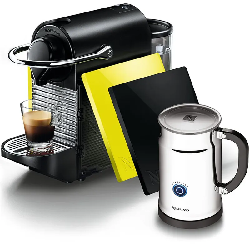 Nespresso Pixie Clips w/Black and Lemon Side Panels & Aeroccino