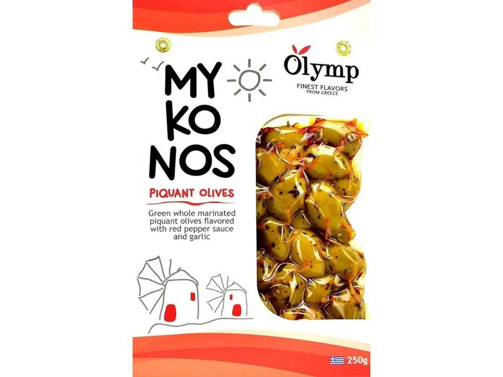 Olymp spicy green olives with chili peppers and garlic, vacuum-packed 250 g