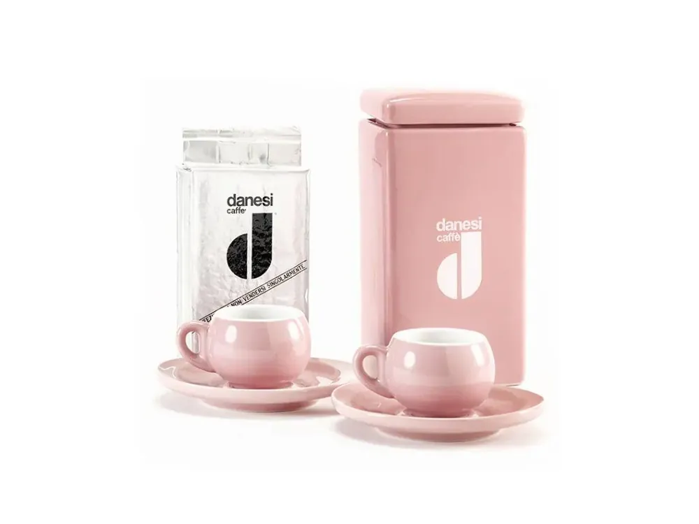 Danesi Duo Plus Set Pink - Dark Cassette Coffee 250 g + 2 cups and 2 saucers - pink