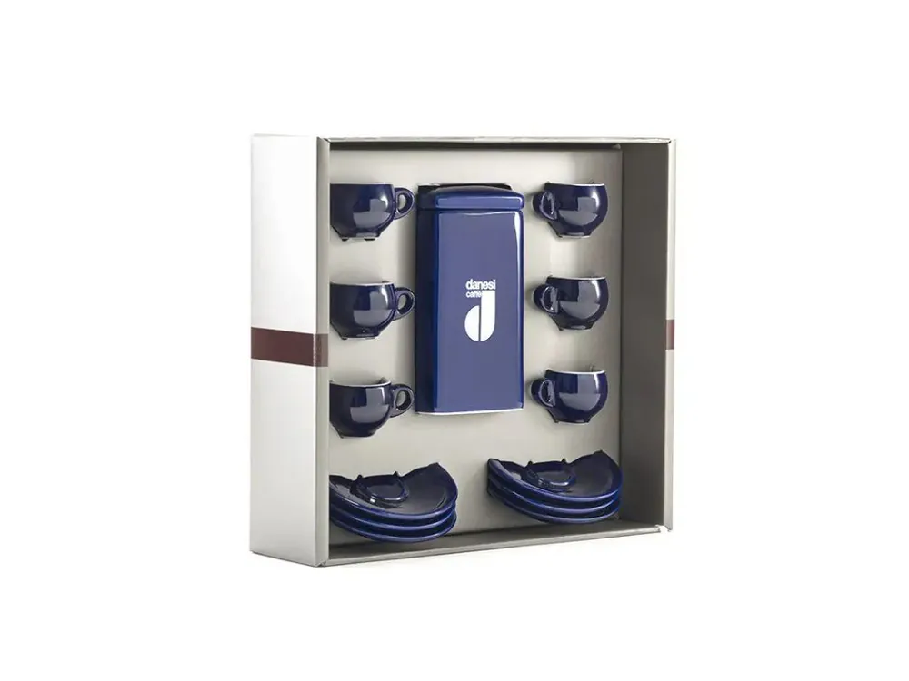Danesi La Forma Gift Pack - Dark‘s Cassette Kava 250g + 6 espresso cups and 6 saucers - blue