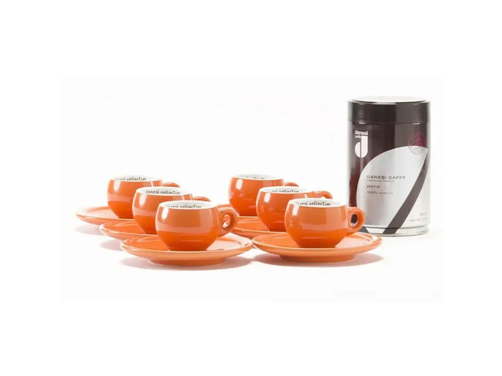 Danesi La Forma Sprint Gift Pack - Dark‘s Cassette Kava 250g + 6 espresso cups and 6 saucers - orange