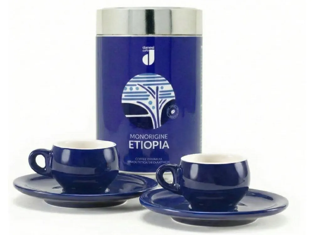 Danesi Duo Plus Set Blue Etiopia Grain - Dark Coffee Bean Cassette 250 g + 2 cups and 2 saucers - blue