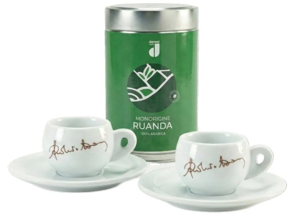 Danesi Duo Plus Set Green Ruanda Ground - Dark Cassette Ground Coffee 250 g + 2 cups and 2 saucers - white