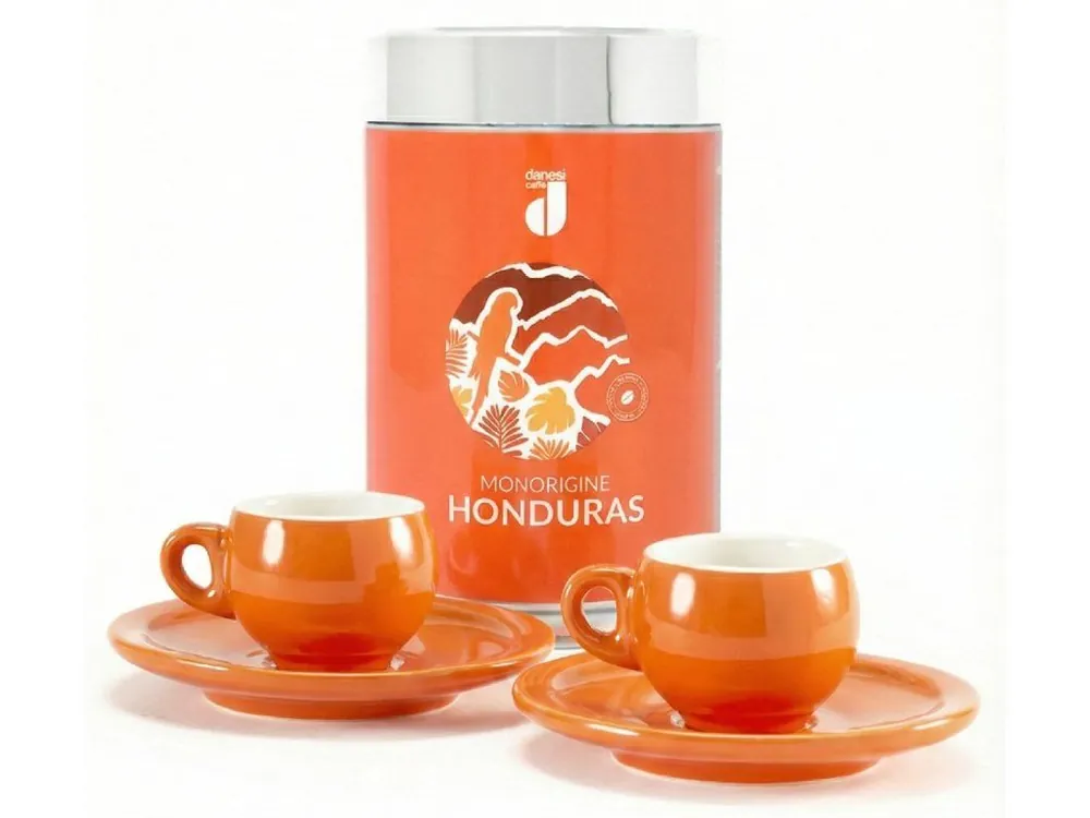 Danesi Duo Plus Set Orange Honduras Ground - Dark Cassette Ground Coffee 250 g + 2 cups and 2 saucers - orange