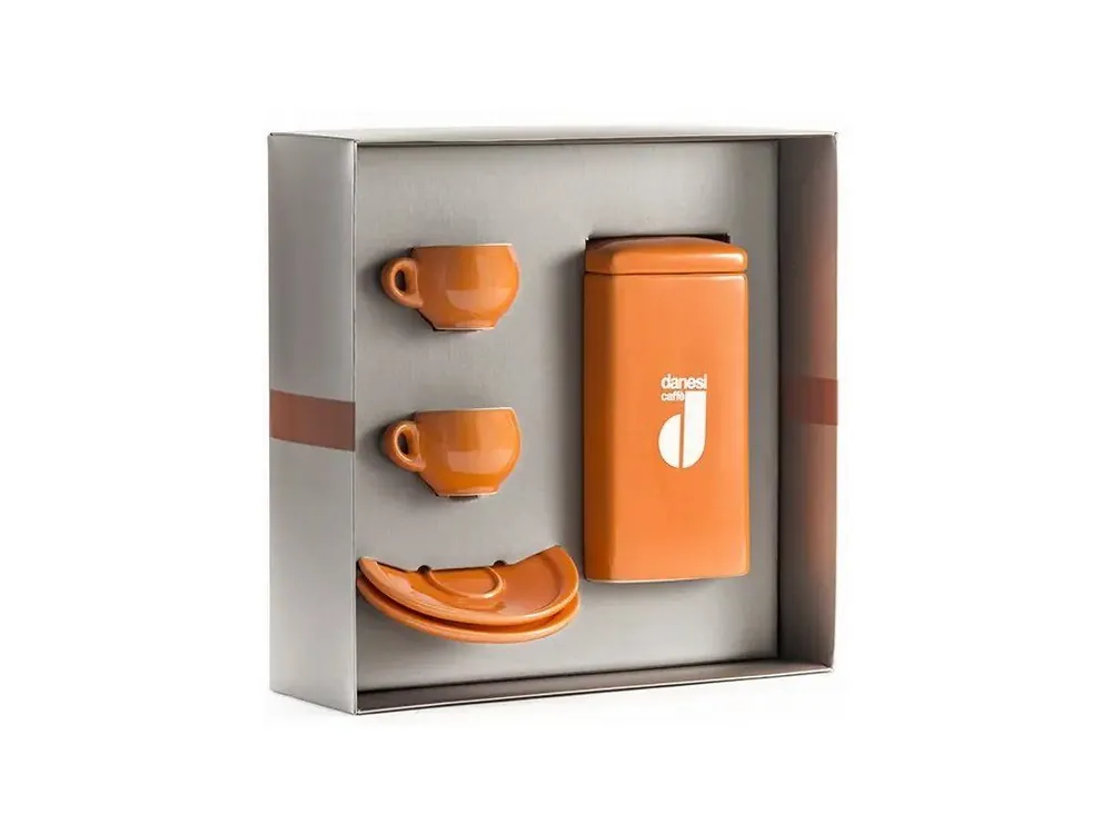 Danesi Duo Plus Set Orange - Dark Cassette Coffee 250 g + 2 cups and 2 saucers - orange