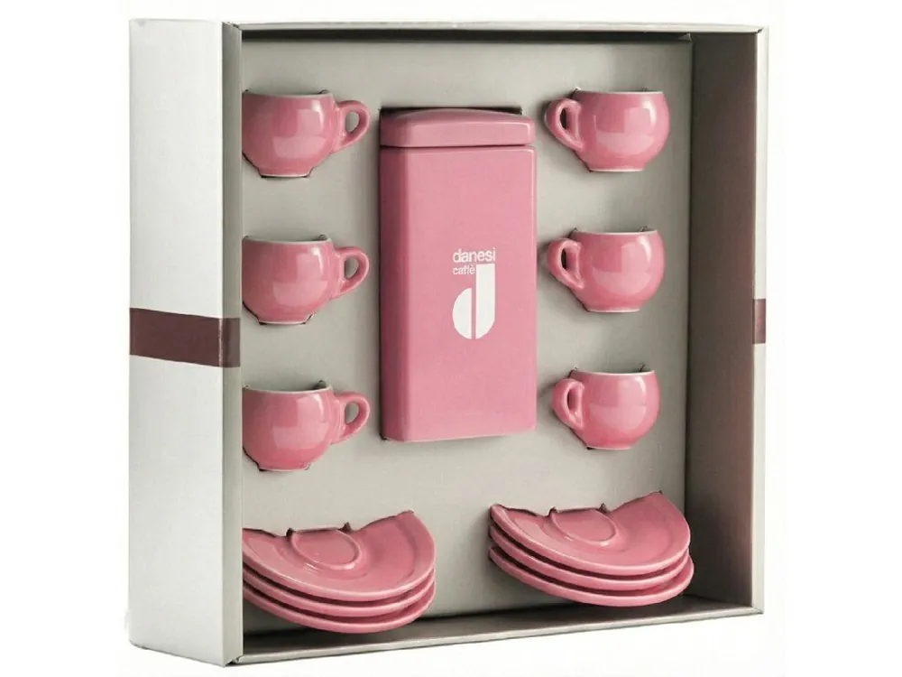 Danesi La Forma Gift Pack - Dark‘s Cassette Kava 250g + 6 espresso cups and 6 saucers - pink