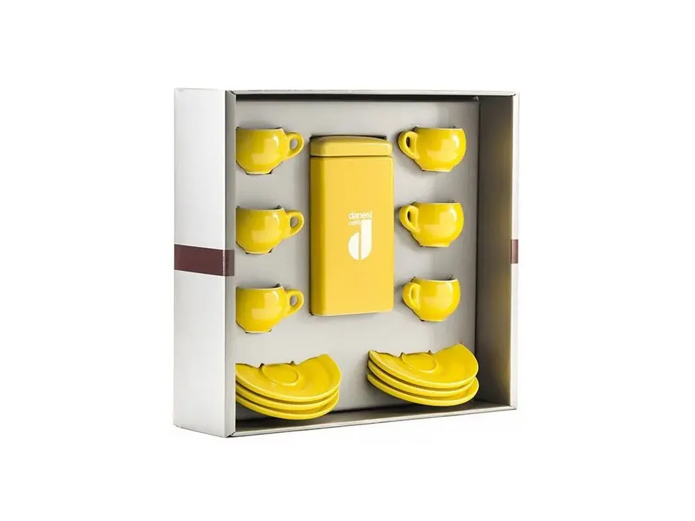 Danesi La Forma Gift Pack - Dark‘s Cassette Kava 250g + 6 espresso cups and 6 saucers - yellow
