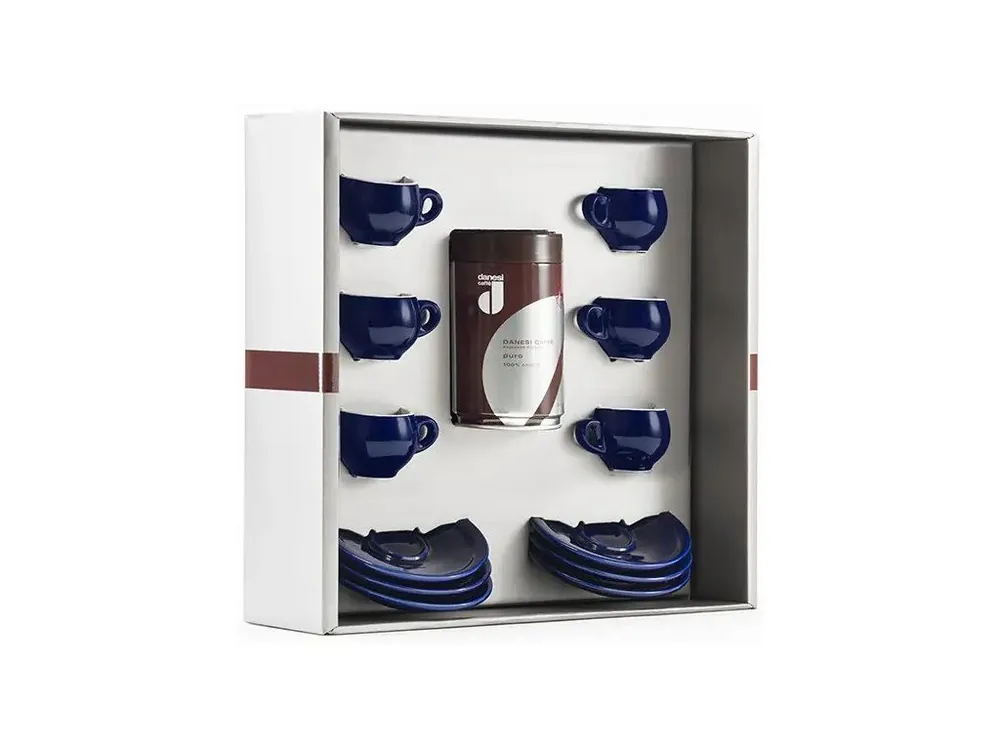 Danesi La Forma Sprint Gift Pack - Dark‘s Cassette Kava 250g + 6 espresso cups and 6 saucers - blue