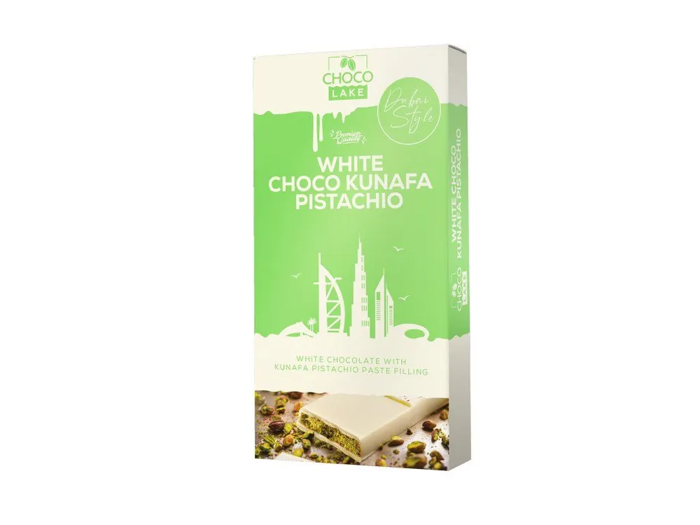 Choco Lake Premium White Dubai Choco Kunafa & Pistachio Dubai white chocolate filled with pistachio cream and kunaf filling 190 g