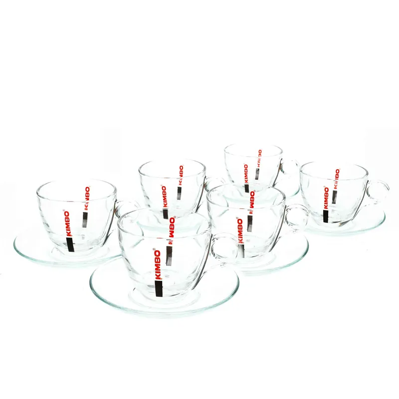 Kimbo - Cappuccino Coffee Cups - Clear Glass - Set of 6 Cups and Saucers