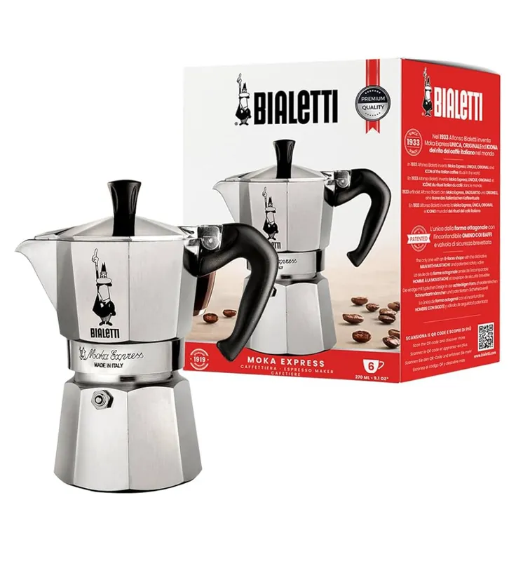 Bialetti - Moka Espress Iconic Stovetop Espresso Maker, Makes Real Italian Coffee, Moka Pot 6 Cups (6 Oz), Aluminium, Silver