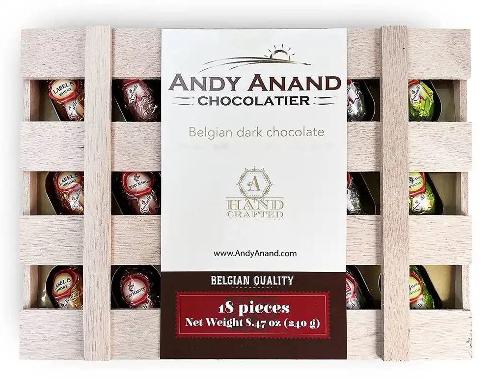 Andy Anand Vegan European Liqueur Dark Chocolate Bottles – Non-Alcoholic Cordials Assortment, Premium 60% Chocolate (Cocoa Butter) Gift Box, 18 Count