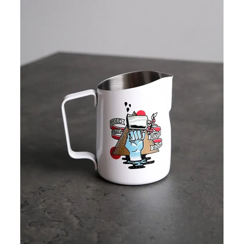 SLOW POUR SUPPLY® x WPM 15oz Round Spout Latte Art Pitcher in “Hold Fast Pour Slow”