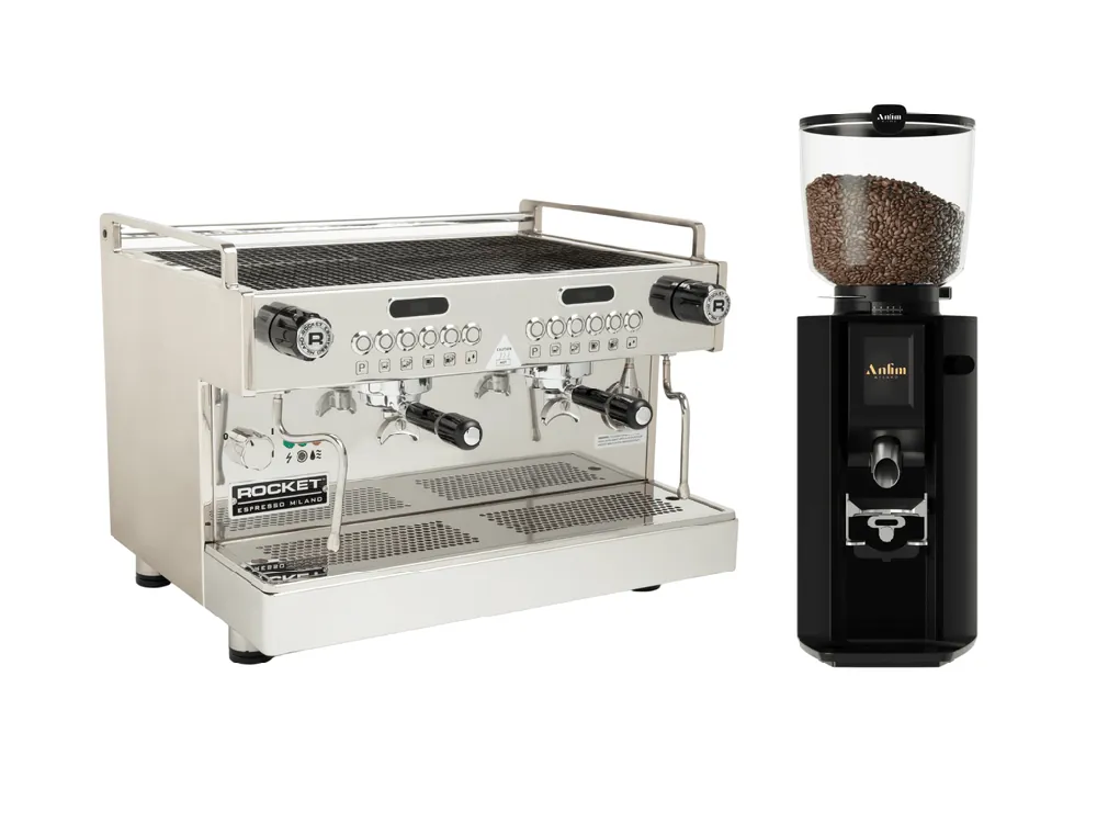 Commercial 2 Group Espresso Bundle Rocket Boxer Timer Evo + Anfim Luna Grinder