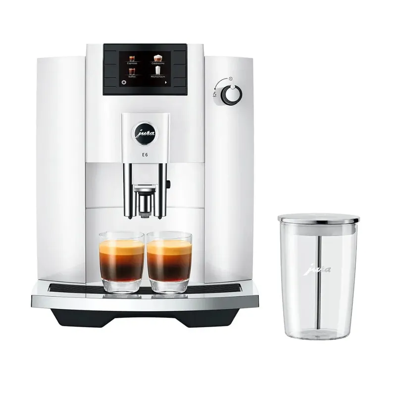 Jura E6 Super Automatic Coffee Machine Piano White (Model 15559 Latest Version) with Glass Milk Container