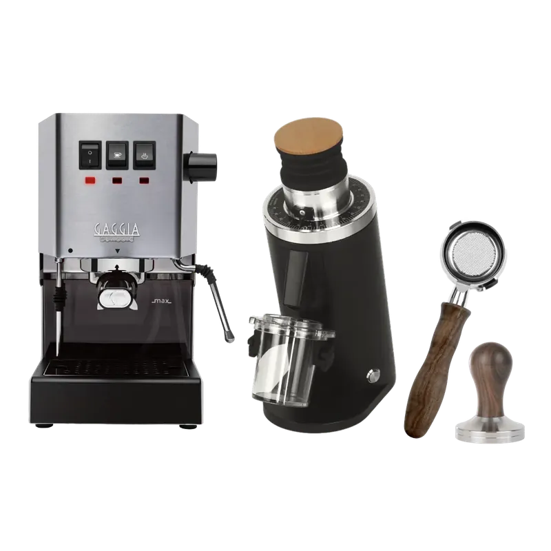 Gaggia Classic E24 Stainless Steel & DF54 (Black) Grinder, Bottomless Portafilter, & Tamper Bundle