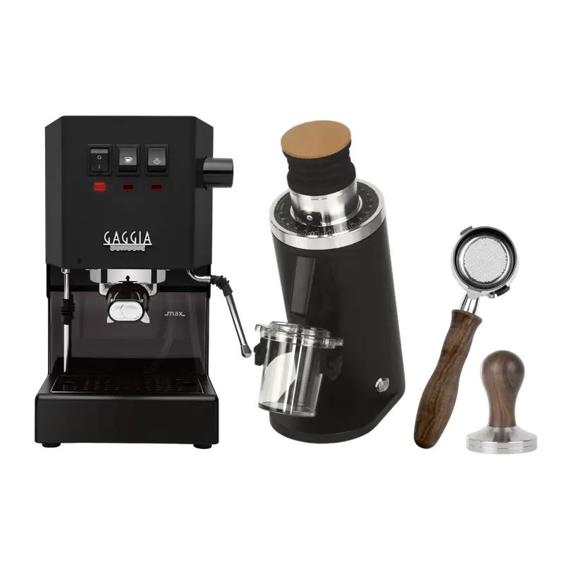 Gaggia Classic E24 Thunder Black, DF54 (Black) Grinder, Bottomless Portafilter, & Tamper Bundle