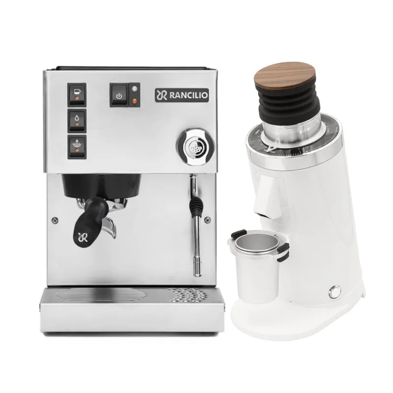 Rancilio Silvia M V6 Espresso Machine (Silver Stainless Steel) and DF64 Gen 2 Grinder (White) Bundle