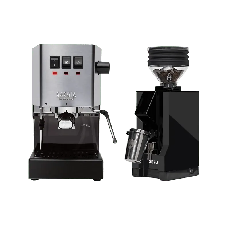 Gaggia Classic E24 Stainless Steel & Eureka Mignon Zero 55 Matte Black with Black Spout Grinder Bundle