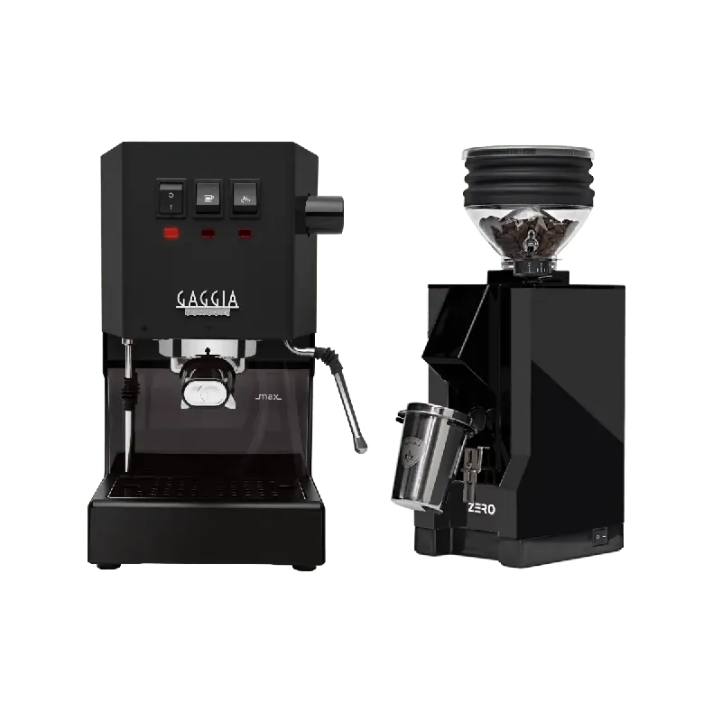 Gaggia Classic E24 Black & Eureka Mignon Zero 55 Matte Black with Black Spout Grinder Bundle
