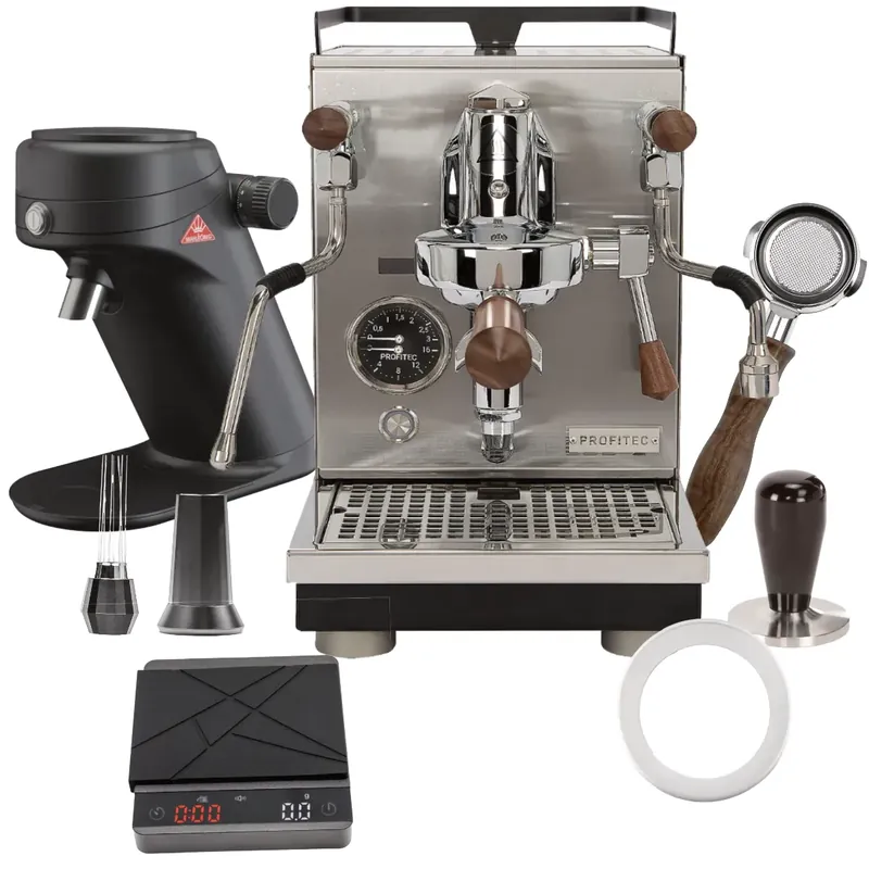 Profitec Jump Espresso Machine & MAHLKÖNIG X64SD Grinder(Black), WDT tool, Brown Wood Bottomless Portafilter, Scale, Dosing Funnel "Ready To" Bundle