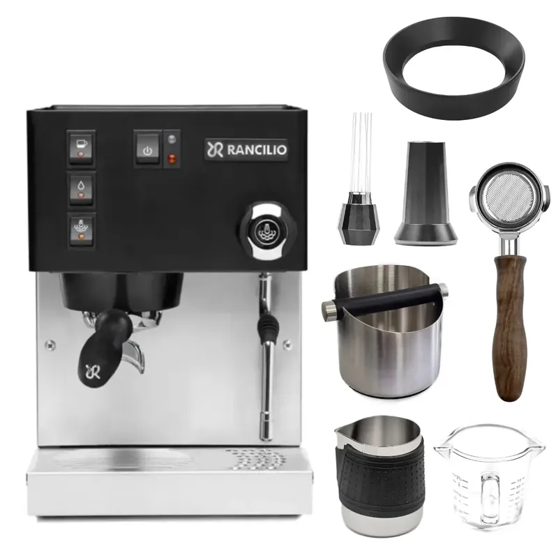 Rancilio Silvia M6 Espresso Machine (Black) with E61 Bottomless Portafilter, Knockbox, Dosing Funnel, Handleless Milk Jug, Shot Glass Bundle